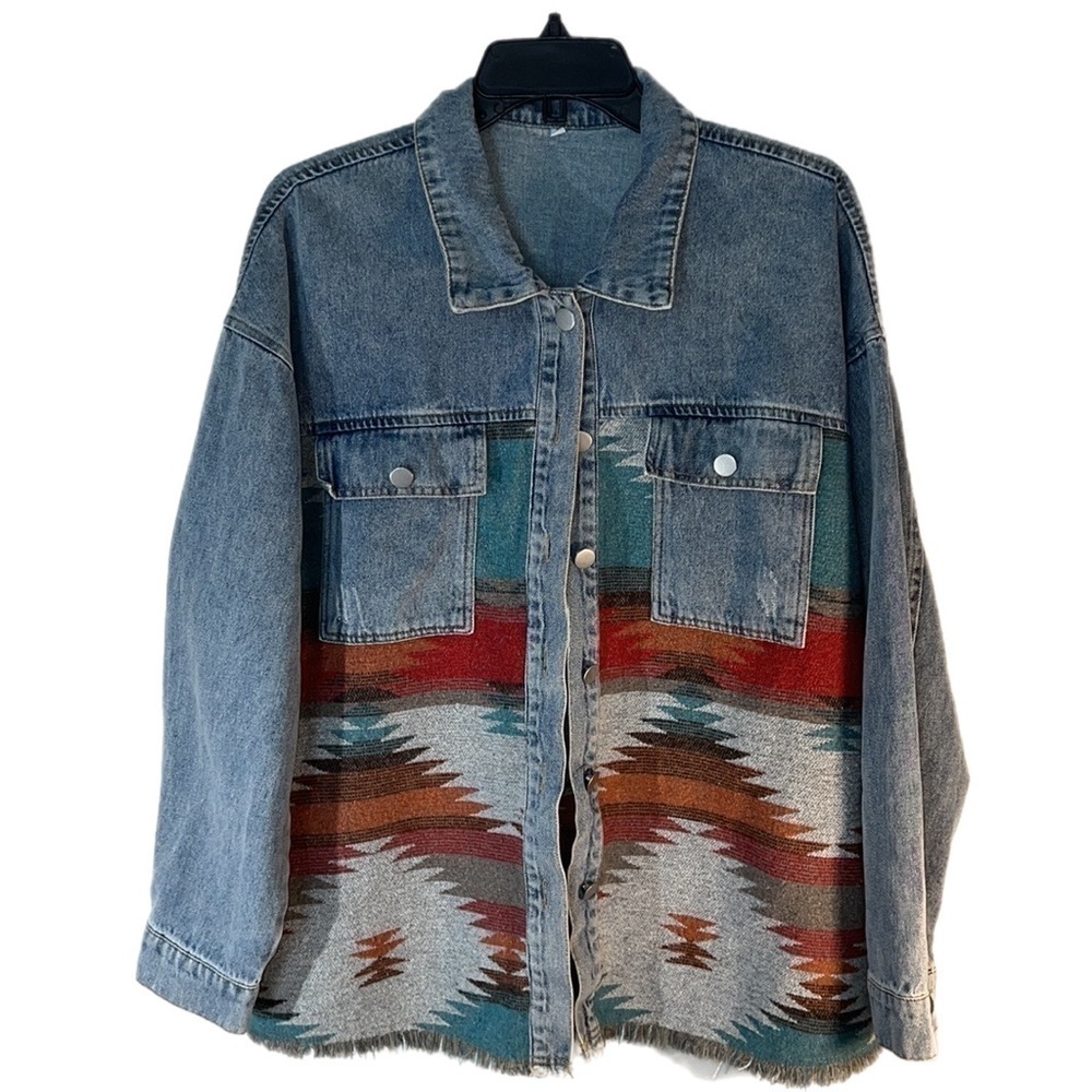 Denim Southwest Blanket Chouyatou Navaho Blanket Print Button Jacket L - Picture 4 of 16